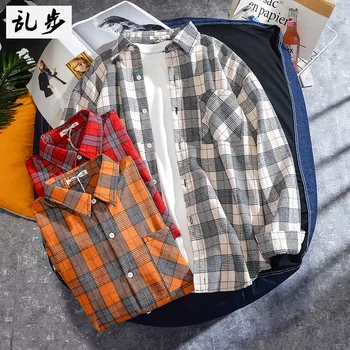 

Japanese Vintage Lattice Men Shirt Button Yellow Loose Casual Shirt Men Long Sleeve High Street Mens Shirt Coat Spring MM60NCS