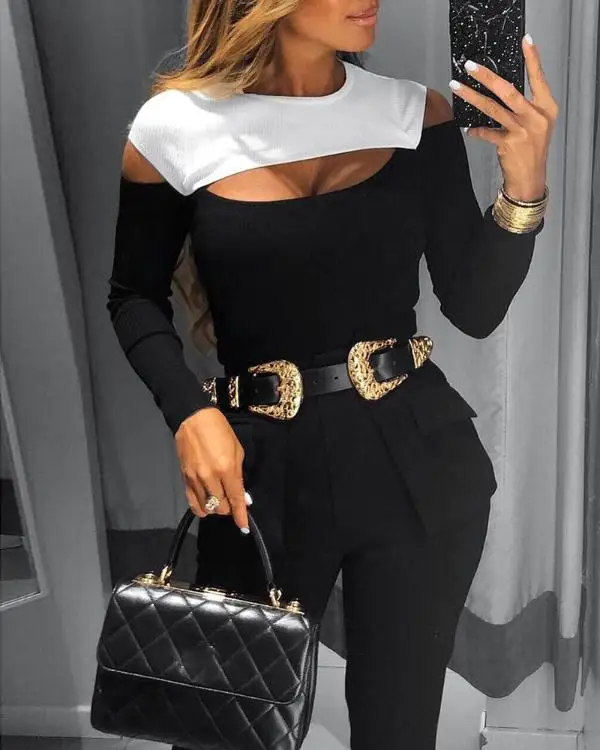 Koop Colorblock Cut Out Ontwerp Lange Mouw T shirt Vrouwen Kleur Patchwork Winter Basic Tops Blusa Mujer T shirt