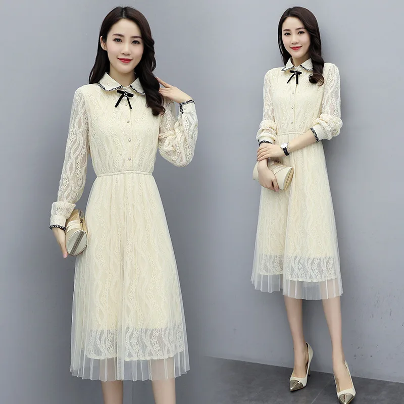

Lace Dress Women's Mid-length Korean-style Elegant 2020 Early Spring New Style Autumn Long Sleeve Chiffon Base Skirt