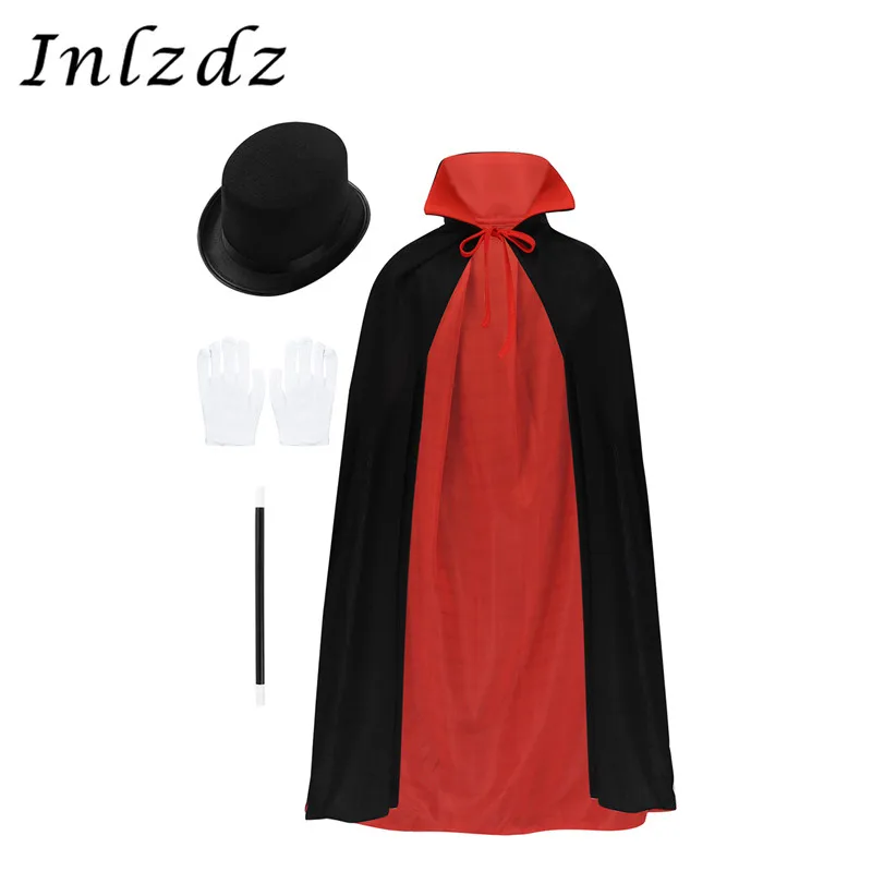 Goede Kids Jongens Goochelaar Rollenspel Kostuum Outfit Cape Hoed Toverstaf Handschoenen Set Kinderen Halloween Festiviteiten Cosplay Magic Cape