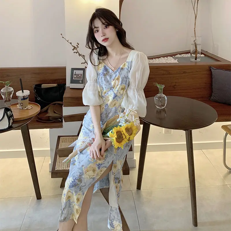 Dresses Women Spliced Romantic Printed Korean Style Elegant Empire Side-slit Feminine Trendy Vestdios Sweet Female Puff Sleeve zara dresses