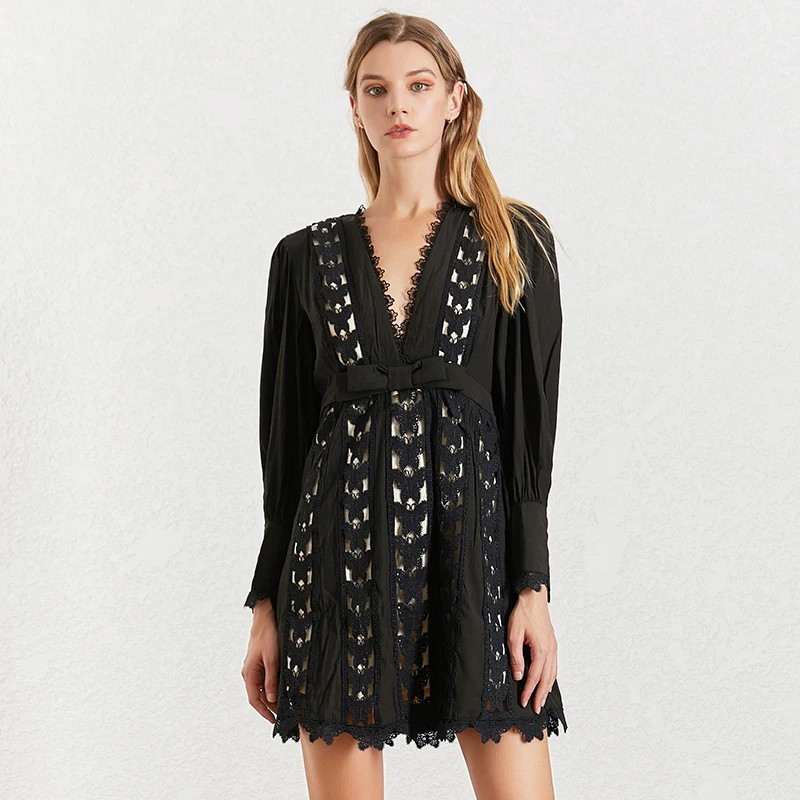 TWOTWINSTYLE Patchwork Lace Dress Female V Neck Lantern Sleeve High Waist Hollow Out Dresses For Women Summer Fashion New