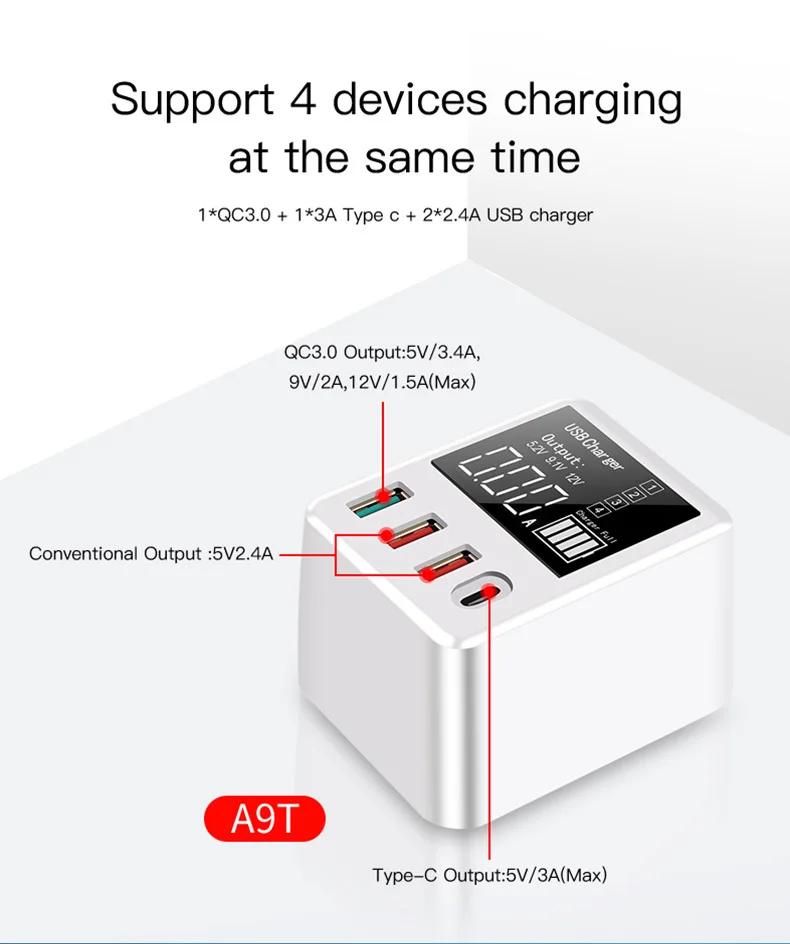 Портативное мини usb type C зарядное устройство 30 Вт Быстрая зарядка 3,0 телефон зарядное устройство светодиодный дисплей usb зарядное устройство для iPhone X samsung дорожный адаптер