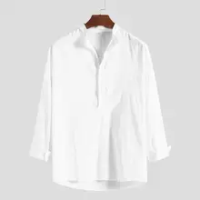 Мужская однотонная хлопковая рубашка с длинными рукавами и воротником-стойкой, топ в этническом стиле, приталенное платье, рубашка блузка Топы, белая рубашка, Нежные мужские