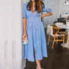 Yellow Dresses Women Fashion Solid Color Deep V Neck Tied Half Sleeve Button Party Long Dress ladies Button Party Long Dress ► Photo 3/6