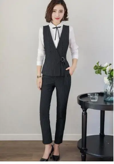 blackvestandpant Модный деловой женский жилет в полоску осенний v-образный вырез Женская официальный офисный стиль тонкий жилет пальто Плюс Размер Спецодежда - Цвет: blackvestandpant