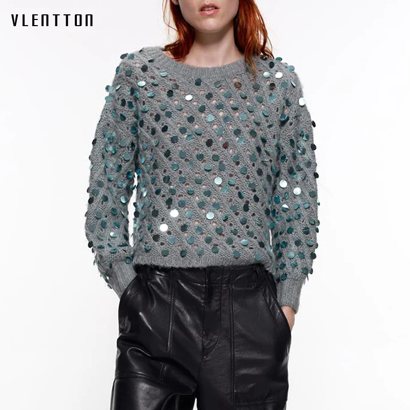 2020 Spring Autumn Sexy Hollow out Wool Knitted Women's Sweater Sequined O-Neck Solid Casual Pullover Female Jumper Tops | Женская