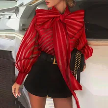 Сексуальная Женская сетчатая прозрачная полосатая блузка с длинным рукавом, красная модная Офисная Женская блузка с бантом, осенняя прозрачная блузка для женщин