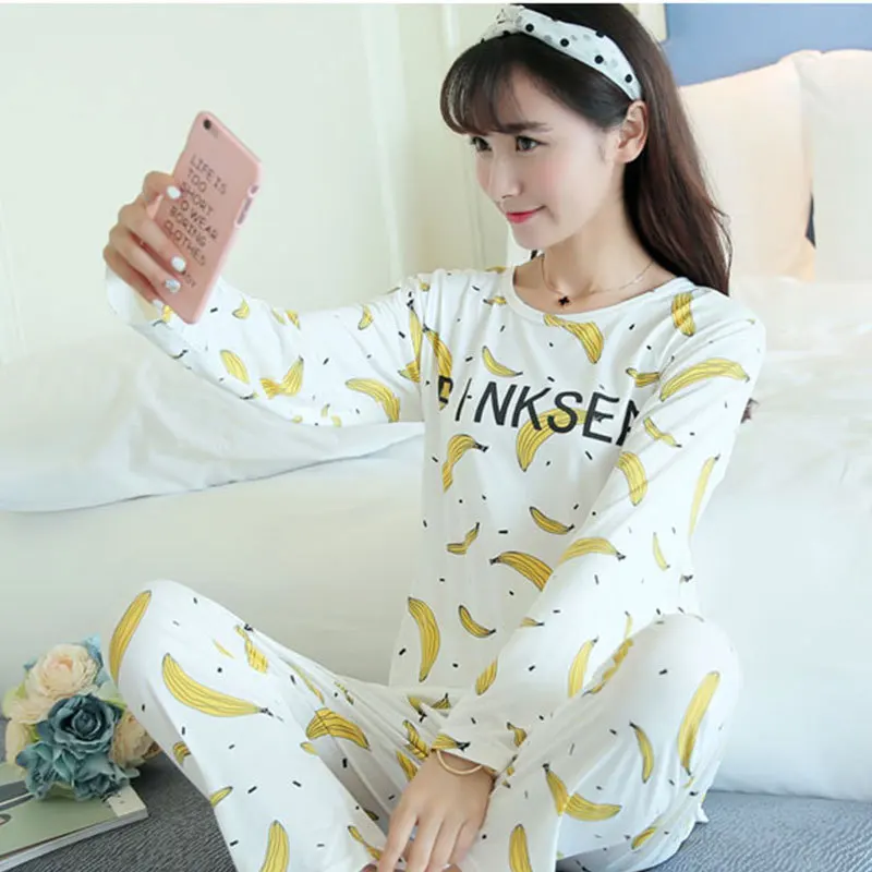 

Spring And Summer Days Cartoon Fresh Simple Women's Home Wear Spring And Autumn Pajamas Women Long Sleeve Thin Stripes Two-Piece