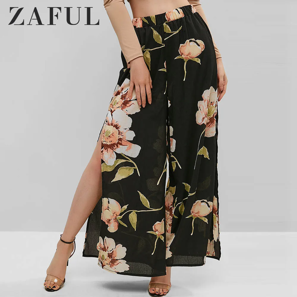 ZAFUL широкие брюки с высокой талией и разрезом цветочным рисунком сбоку