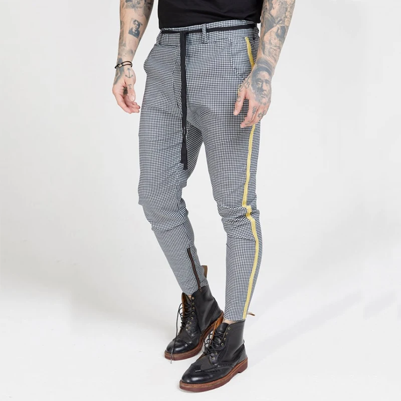 yellow Side no belt Повседневные мужские брюки-чиносы из хлопка, облегающие мужские брюки, узкие брюки-чиносы, серые уличные брюки длиной до щиколотки, клетчатые брюки в полоску - Цвет: yellow Side no belt