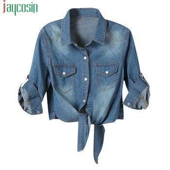 

Women Summer Denim Jacket Knotted Casual Solid Buttons Sleeve Top Plus Size Short Pocket Fashion Jacket Feminina Ladies Coats
