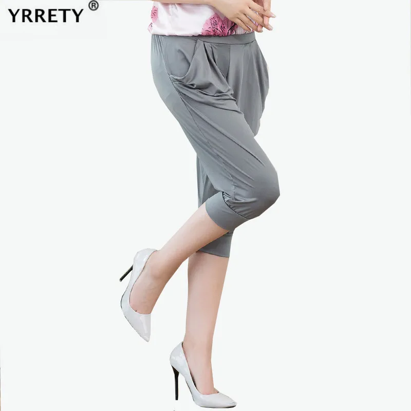 YRRETY Women Summer Solid Harem Pants Loose Knee Length Trousers Female Elastic Waist Capris Pants Plus Size Mujer Thin Pant YRRETY Women Summer Solid Harem Pants Loose Knee Length Trousers Female Elastic Waist Capris Pants Plus Size Mujer Thin Pant
