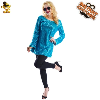 

Factory Direct Carnival Adult Blue Sequins Tunic Disco Costume Women Cosplay Party Hippie 60's70's Dance Performance Clothing