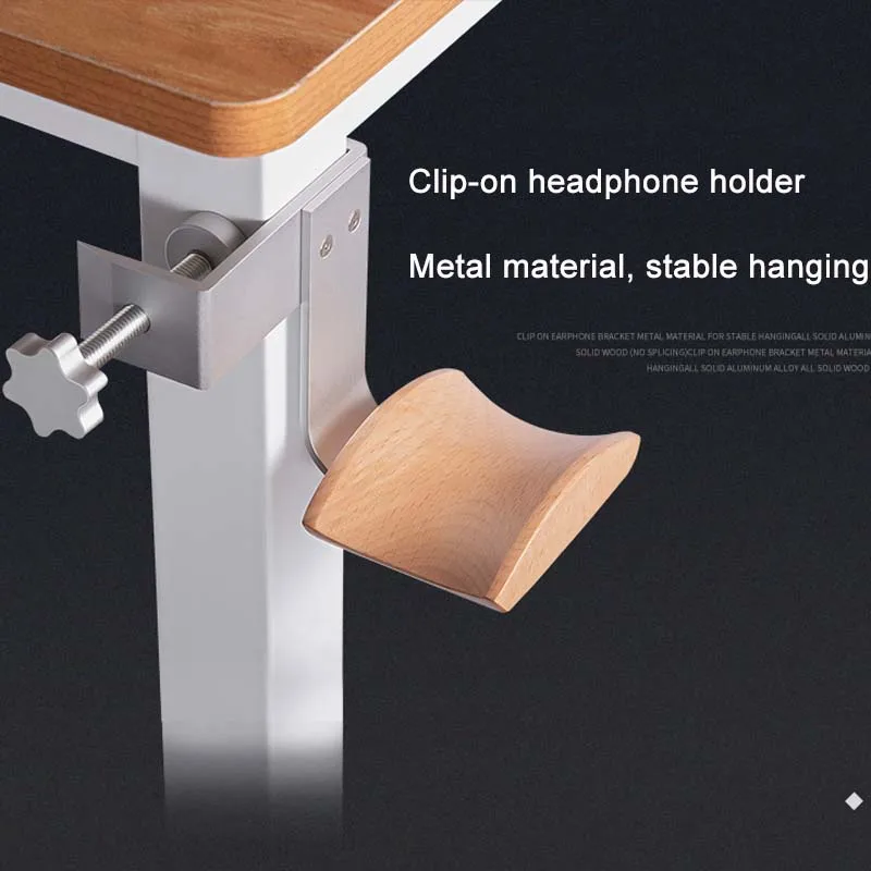 JINSERTA Wooden Headphones Stand Holder Aluminum Alloy Desk Lock Clip Headphone Bracket Easy Install Headset Display Hanger