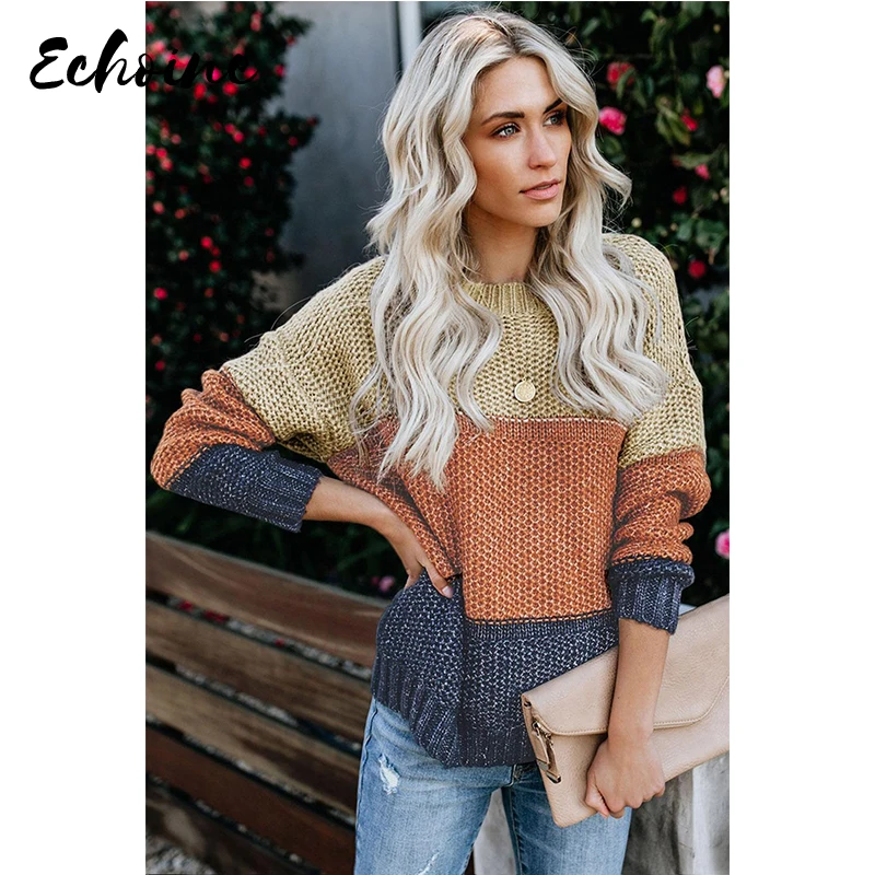 Echoine Black/Yellow/Blue/Gray/Khaki Color Block Netted Texture Pullover Sweater Winter O Neck Long Sleeve Warm Top | Женская одежда