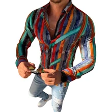 Новейшая Мужская мода полосатый цветной принт Slim Fit Shits Social бизнес нагрудные кнопки с длинным рукавом мужская блузка осенняя одежда