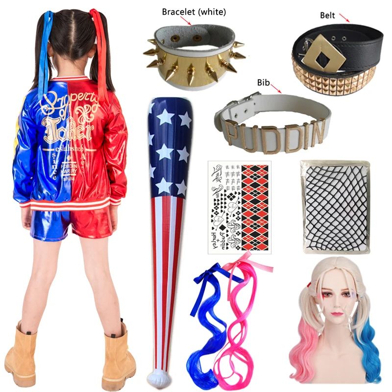 Костюмы Harley косплей самоубийца Harleen Quinzel Kids Girls Quinn отряд футболок жакет Джокера