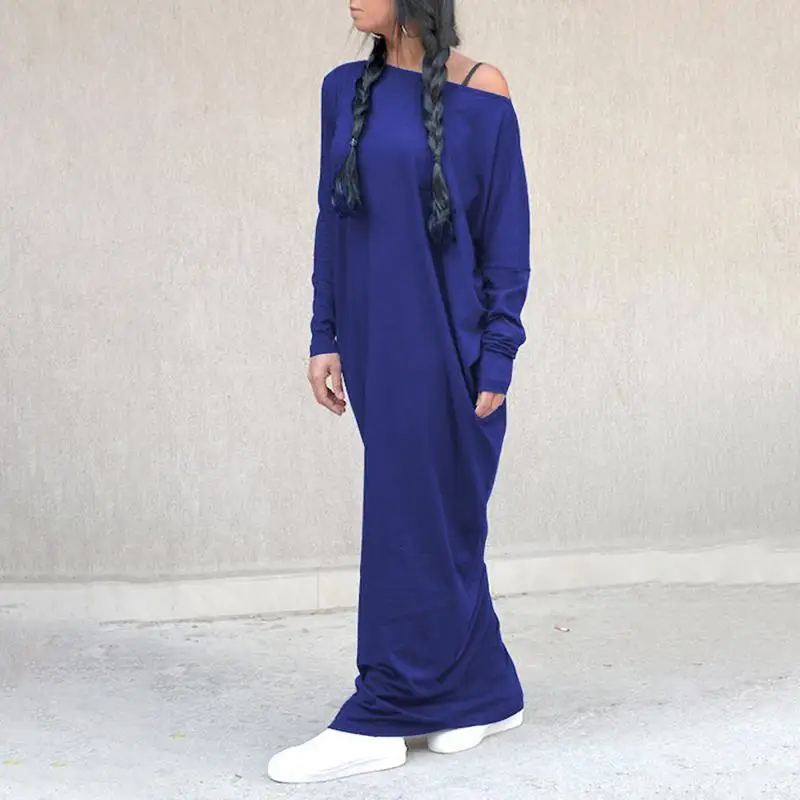 Fashion 5XL Women Maxi Dress Celmia Sexy Off Shoulder Long Dress Autumn Solid Long Sleeve Casual Split Hem Robe Plus Size Dress