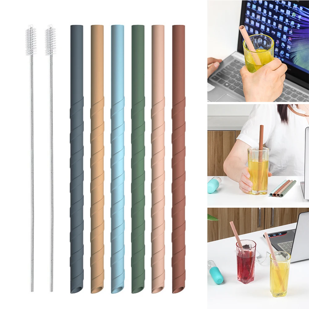 6pcs Reusable Silicone Straws Flexible Straw With 2 Cleaning Brushes Foldable Drinking Party Kitchen Supplies Bar Tools | Дом и сад