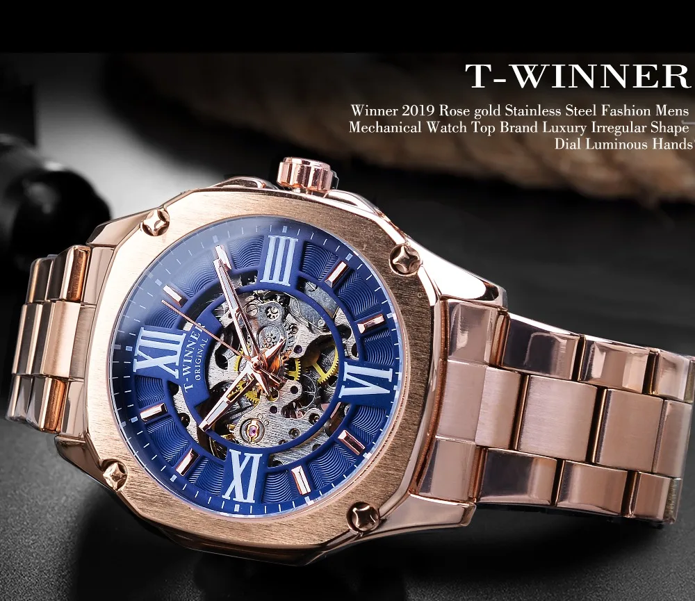 Winner уникальные синие мужские квадратные механические часы чехол из розового золота с автоматическим ремешком из нержавеющей стали деловые спортивные мужские часы