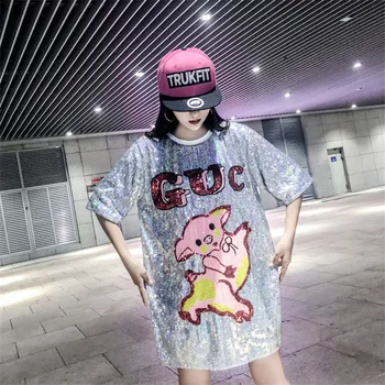 

Chic Women sequin long t-shirt ins Spring Summer Loose Casual Hip hop Punk Girls Cute Pig Dancing Tee Bling Bling Top Dress