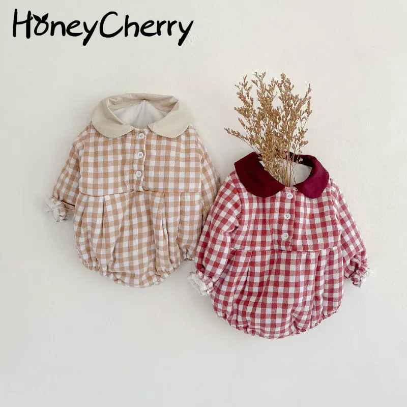 

Baby Bodysuits doll collar plaid winter jacket clothes newborn Siamese Bodysuits climbing clothes baby girls clothes