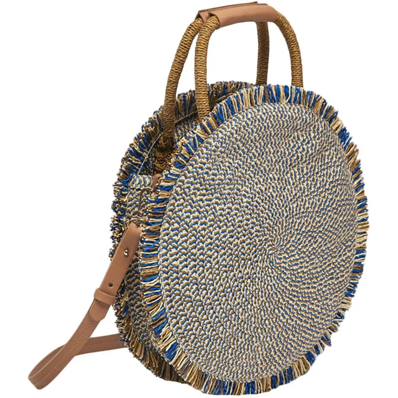

ABZC-Fashion New Tassel Handbag Straw Bag Women Beach Woven Bag Round Tote Fringed Beach Woven shoulder Travel Bag(Blue)