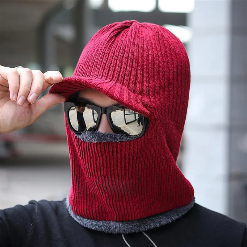Red Have Brim Зимняя вязаная шапка, шарф, набор для мужчин и женщин, теплая плюшевая шапка с капюшоном, шарф с полями, Мужской козырек, шапочки для взрослых, одноцветная шапка, кольцо, шарфы - Цвет: Red Have Brim