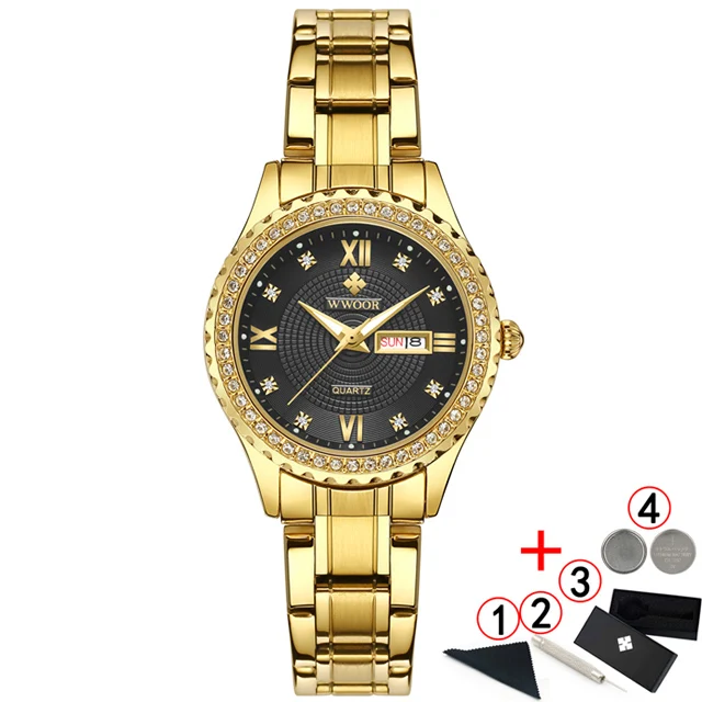 Новинка WWOOR женские часы Топ люксовый бренд модные повседневные женские кварцевые наручные часы из нержавеющей стали Сетчатое платье часы для девочки - Цвет: gold black box