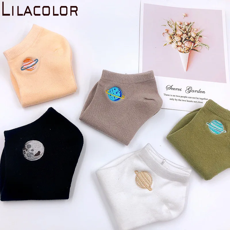 Оригинальные женские хлопковые носки Lilacolor с планетарной космической вышивкой