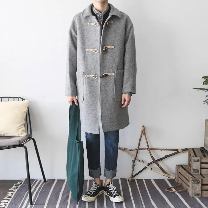 Тонкий мужской пальто с воротником черный корейский вещевой мужской шерстяной смесь пальто кнопки мужские длинные пальто - Цвет: Light Gray