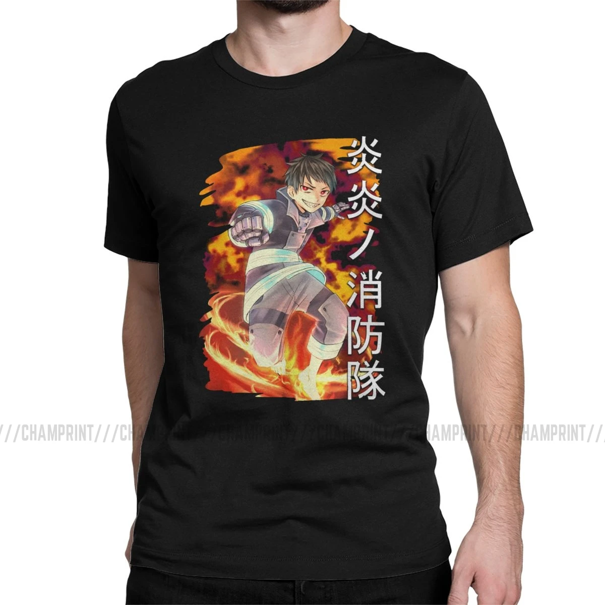 Мужские футболки Shinra Fire Force, пожарный герой, аниме, одежда из чистого хлопка, хипстерские футболки с коротким рукавом, оригинальные футболки - Цвет: Черный