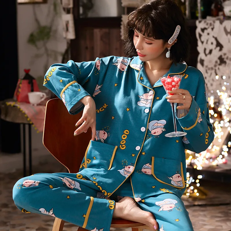 Осенне-зимняя хлопковая одежда для сна, удобная женская домашняя одежда с милым принтом, женские пижамы, Пижамный костюм из 2 предметов, комплект для сна, ночное белье