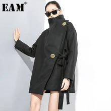 [EAM] свободное облегающее шерстяное пальто с воротником под горло большого размера, парка, новинка, длинный рукав, женская мода, Осень-зима, 1M013