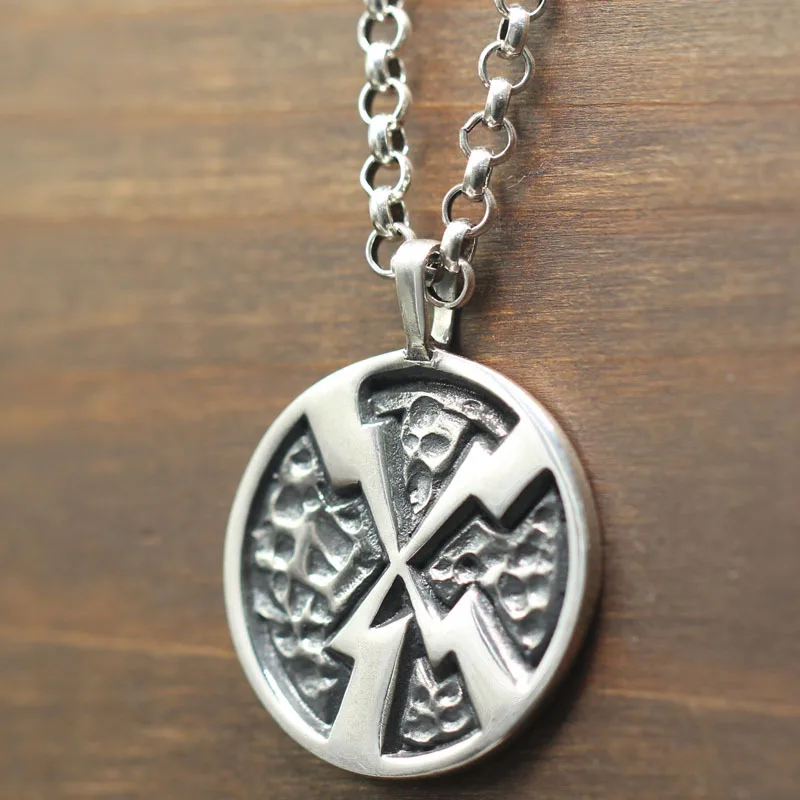 

Cool Carved Lightning Necklace Pendant Retro zuo jiu kuan round Plate Pendant Fine Silver 925 Pendant Thai Silver Accessories
