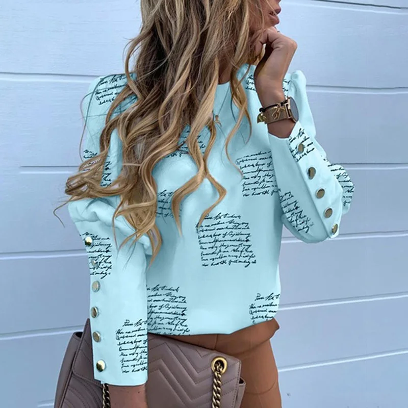 Green back no button Elegant Women Button Blouse Shirt Office Ladies O Neck Print Blusa Tops Autumn Female Long Sleeve Blouse Streetwear Dropshipping - Цвет: Green back no button