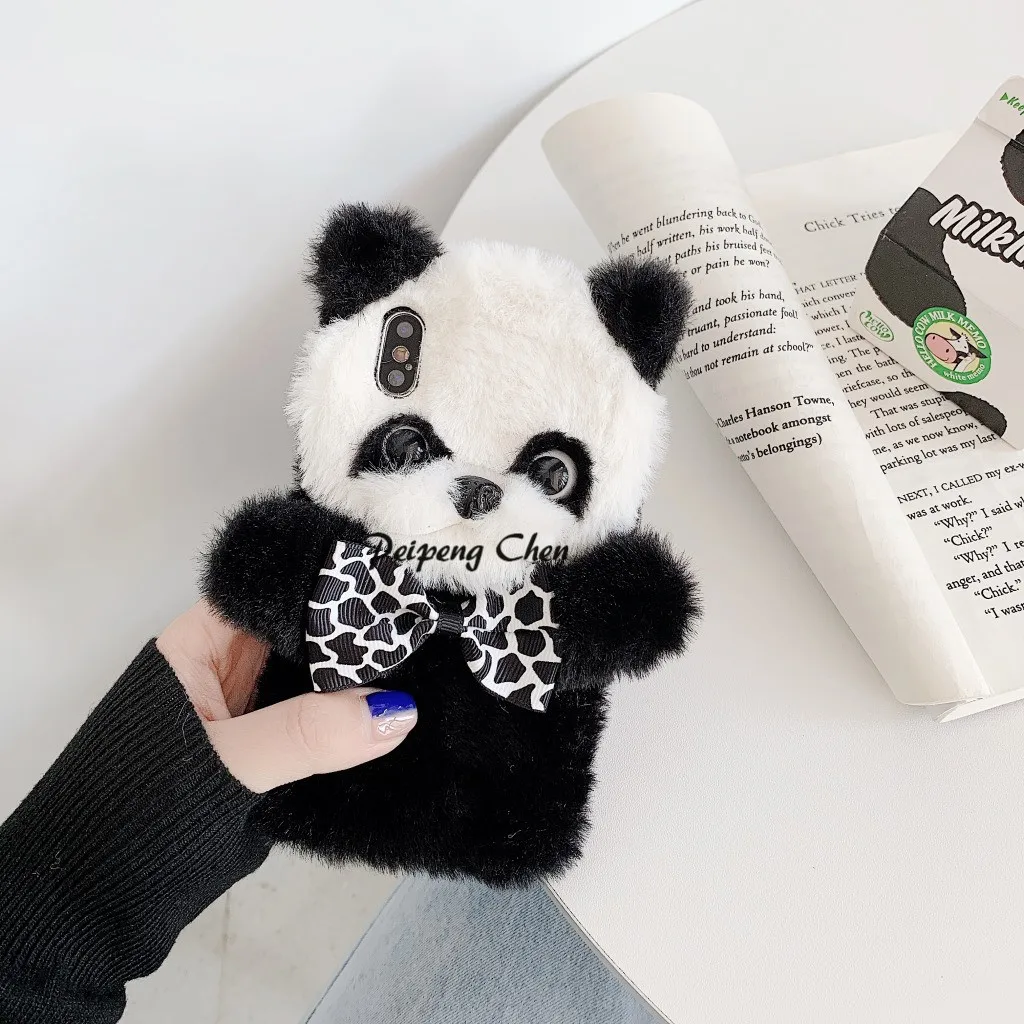 PEIPENG 3D милый животный плюшевый собачий Пушистый Теплый Меховой чехол для телефона для iPhone 7 Plus силиконовый чехол для iPhone X XS Mas 8 7 6 6s Plus XR - Цвет: White panda