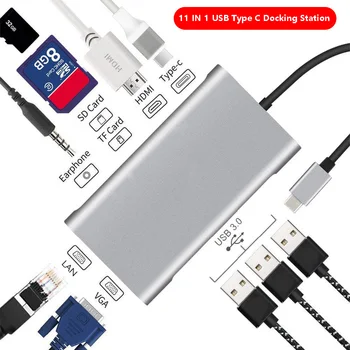 

USB Type C Laptop Docking Station for MacBook Pro Air Hp Dell Lenovo, USB C Hub Adapter, 4K HDMI VGA SD TF RJ45 PD Fast Charge