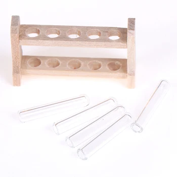 

5pcs/set Laboratory Glass Test Tubes with Wooden Rack Set Decoration Ornament 1:12 Dollhouse Miniature Accessory