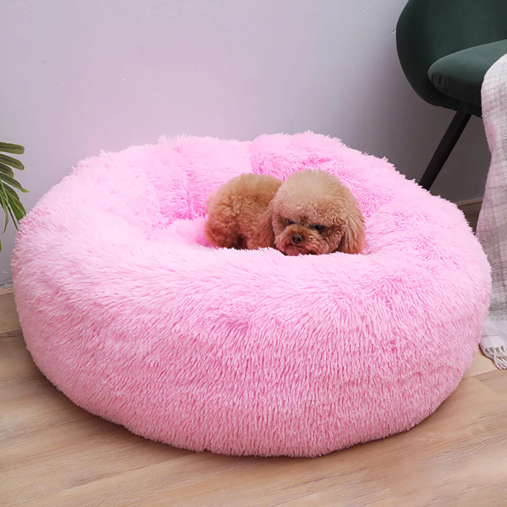 Круглый зимний теплый спальный мешок для собаки, кошки, длинная плюшевая мягкая кровать для питомца, мягкая кровать для собаки, длинная плюшевая собачья Конура, домик для собаки, моющаяся корзина - Цвет: Pink