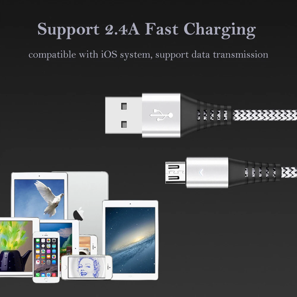 Светодиодный кабель Micro USB 1,2 A, кабель для быстрой зарядки, светодиодный индикатор 1,8 м, кабель для зарядки и передачи данных в нейлоновой оплетке, шнур для зарядки телефона Android