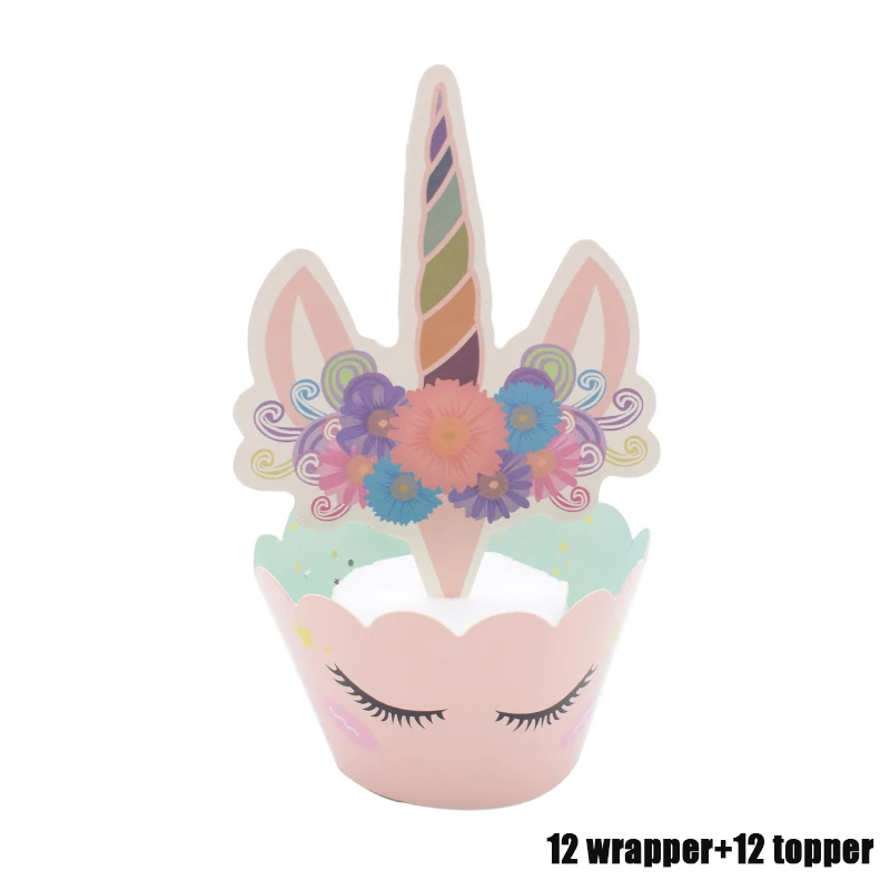 12 wrapper 12 topper Комплект украшений для вечеринки в виде единорога, тарелки, салфетки для стаканчиков, покрытие для стола, для дня рождения, свадьбы - Цвет: 12 wrapper 12 topper