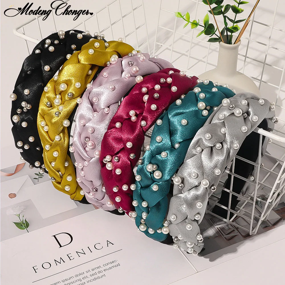 

Bohemian Solid Color Velvet Braid Headband with Teeth Hair Accessories Twist Braid Pearls Bezel Hairband Women Girls Headwear