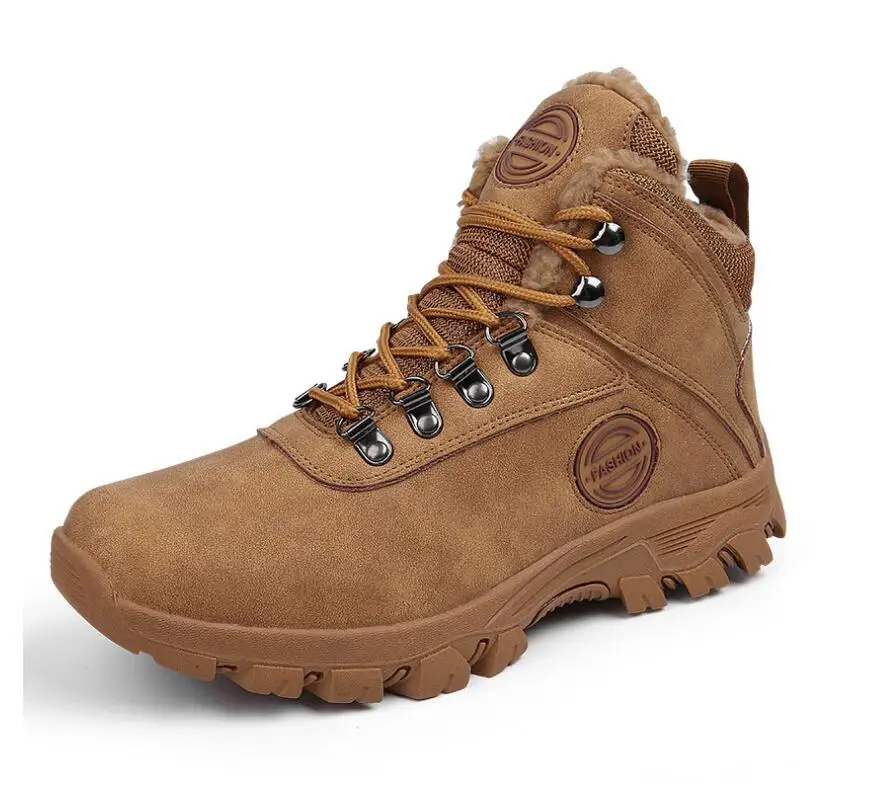 Winter Shoes Men Snow Boots Outdoor Warm Plush Flock Leather Booties Boy Ankle Boots Man Outdoor Sneakers Flat Platform Botas - Цвет: khaki