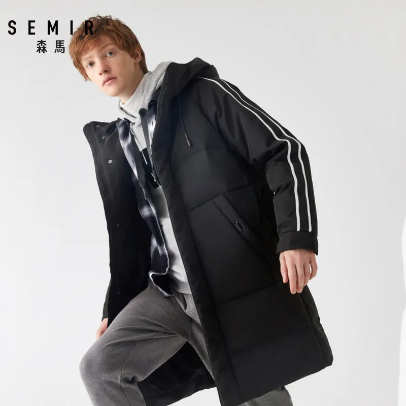 Мужской длинный пуховик Semir темно синий толстый свободного покроя с тканевой