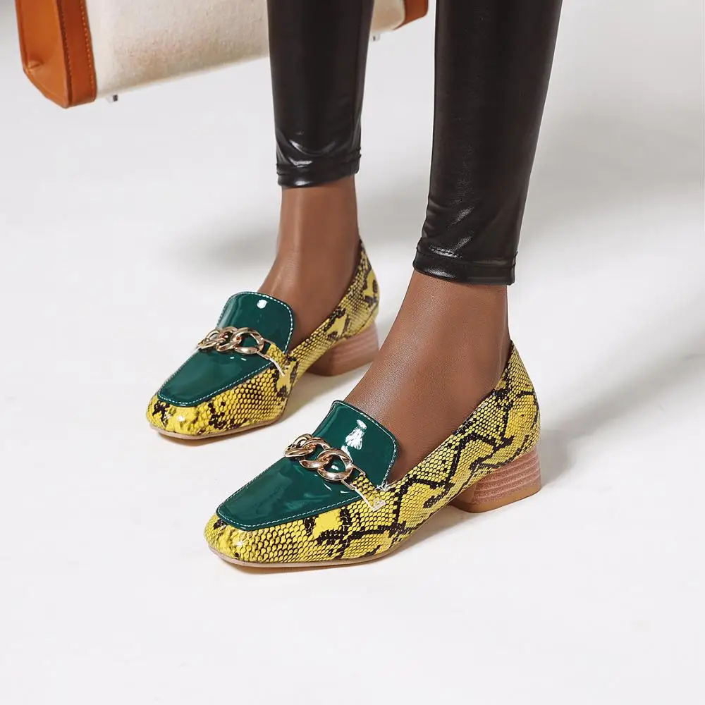 

Women Shoes Snake Print Mixed colors Low Heels Woman Mary Jane Classics Ladies Shoes Autumn Square head Pumps Female Size 34-43