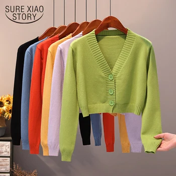 

Knitted Crop Cardigan Women Korean Short Blue Green Sweater Long Sleeve V-neck Autumn Vintage Cardigan Sweater Women Coat 11642