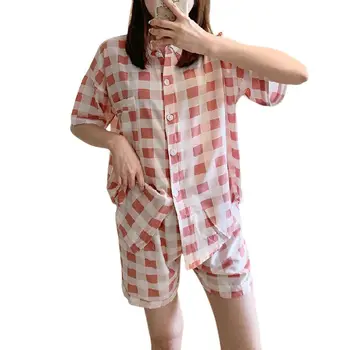 

New Pajamas Suit Cotton Plaid Cardigan Shorts Set Short Sleeve Pajamas Female Simple Loose Large Size Casual Home Service
