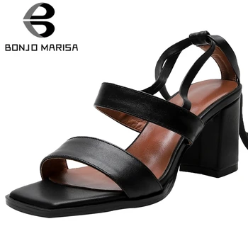 

BONJOMARISA Female Genuine Leather High Heels Open Toe Solid Brand Sandals Women Beach Party Dress Leisure Shoes Woman